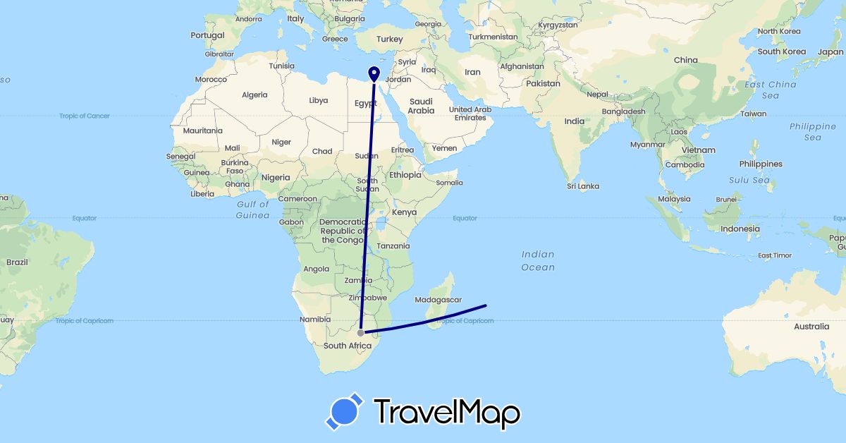 TravelMap itinerary: driving, plane in Egypt, Mauritius, South Africa (Africa)